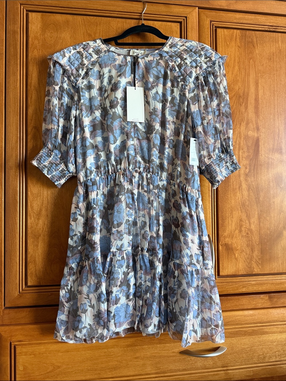 Joie Puff-Sleeve Floral Tiered Mini Dress in Blue and Brown